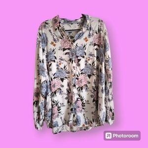 H&M Divided Floral Blue & Pink Button Down Shirt Size 14